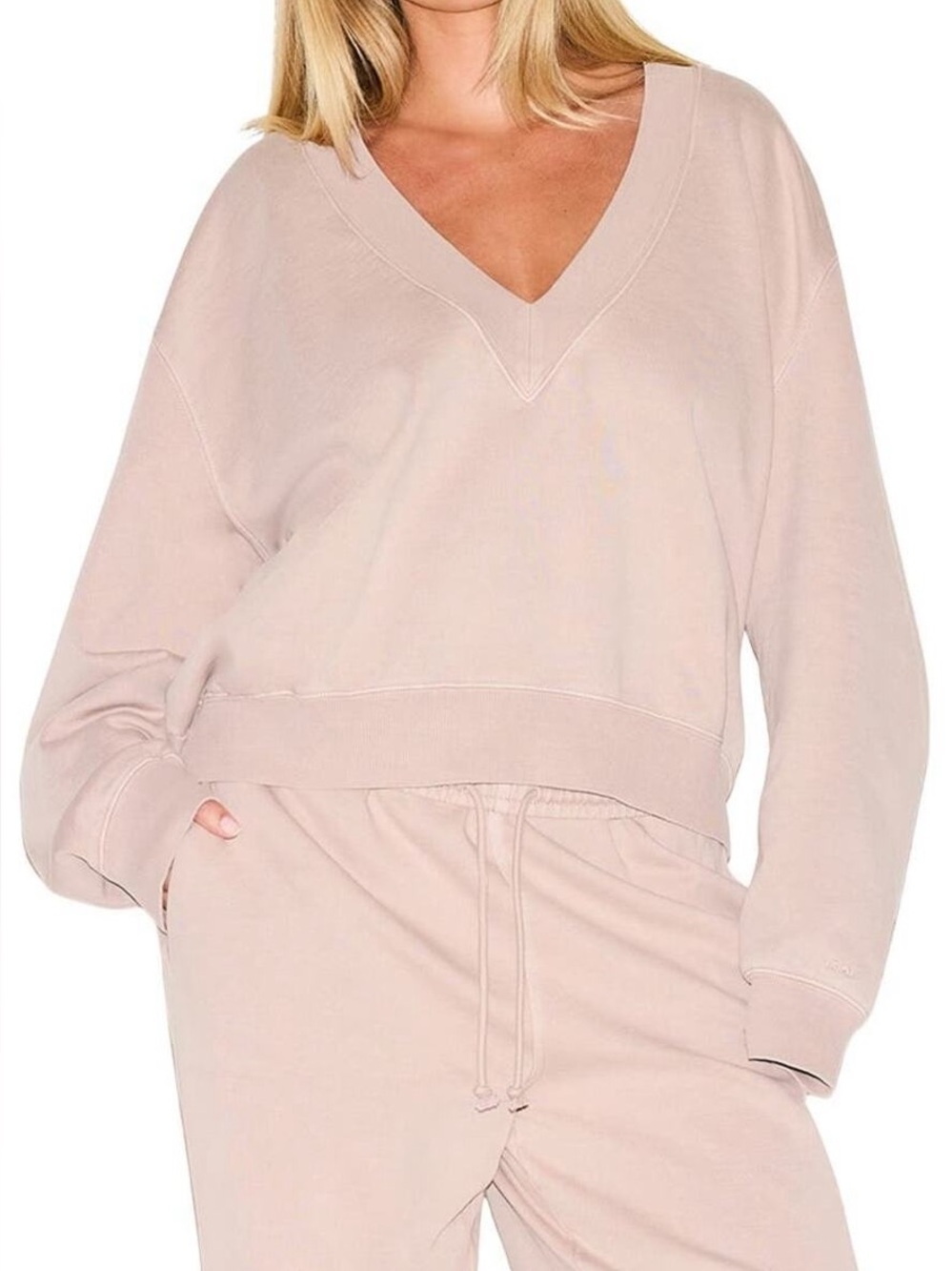 Skims V-Neck Fleece Pullover Sweatshirt Blush Pink Loungewear Cozy Small Relaxed